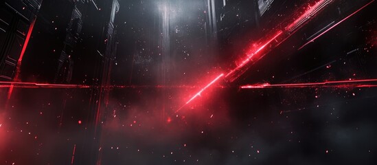 Poster - Industrial foggy space with red laser beams and dark background suitable for text overlay and futuristic design concepts