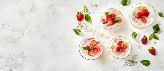 Poster - Colorful Summer Cocktails with Pavlova Topped with Strawberries and Fresh Mint on Light Background for Text Placement