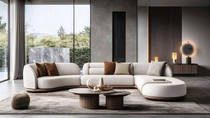 Poster - Modern Minimalist Living Room Featuring Beige Sofa with Coastal Accents and Generous Copy Space for Custom Text or Branding