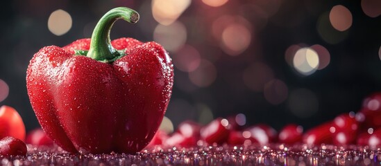 Leinwandbilder - Crimson bell pepper adorned with a shimmering ring on a blurred background with space for text and a fresh, vibrant appearance.