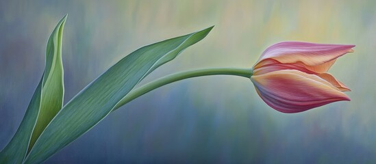 Poster - Elegant Tulip Stem and Leaf with Soft Pastel Background Capturing Nature's Beauty and Graceful Floral Details