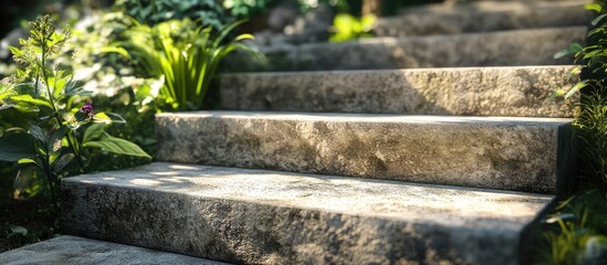 Poster - Concrete garden steps with natural greenery and textured surface patterns in a serene outdoor setting.