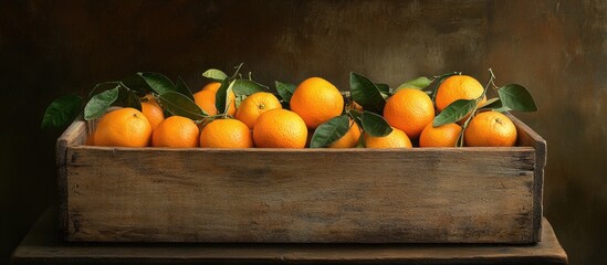 Leinwandbilder - Freshly harvested oranges displayed in a rustic wooden box with green leaves on a textured background.