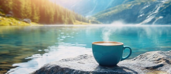 Aufkleber - Relaxing cup of hot drink by a serene lakeside in the mountains with vibrant nature reflections and space for custom text.