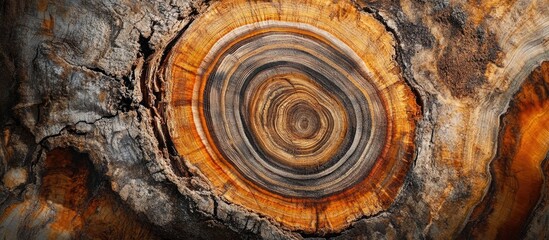Poster - Tree trunk cross-section showcasing intricate annular rings and organic textures, symbolizing age and natural beauty in wood.