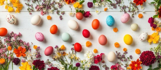 Poster - Colorful Easter eggs and fresh flowers arranged on a white wooden surface with ample copy space for festive greetings and messages