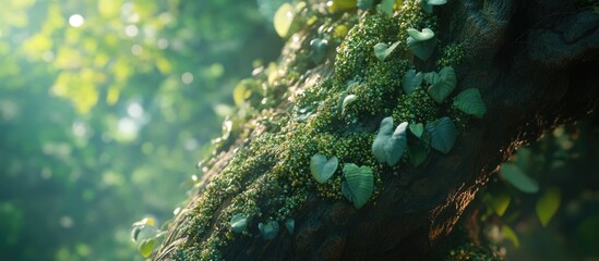 Poster - Mossy bark with lush green moss and leaves in a vibrant forest setting highlighting natural texture and beauty.
