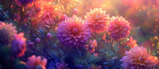 Poster - Vibrant pink and purple dahlias blooming in a lush garden illuminated by soft sunlight creating a dreamy floral atmosphere