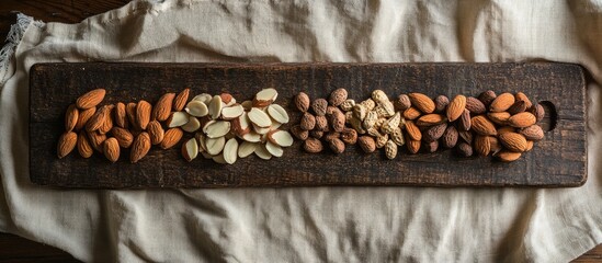 Poster - Almonds assorted on rustic wooden board displaying different varieties and textures for culinary or health-related use
