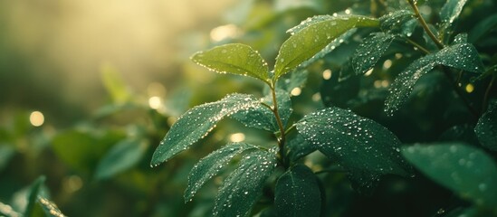 Poster - Dew Drops Glimmering on Lush Green Leaves in a Soft Morning Light