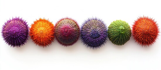 Poster - Colorful sea urchins arranged in a row on a backlit white background showcasing their vibrant colors and unique textures.