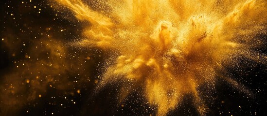 Poster - Golden powder explosion on black background creating dynamic texture and visual interest with ample space for text or design elements.