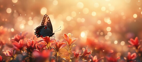 Poster - Common crow butterfly resting on vibrant red ruspolia flowers amidst a sunlit background with bokeh effect and shallow depth of field.