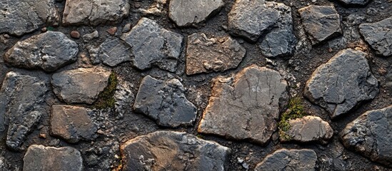 Fototapete - aged stone pavement surface with detailed texture and natural moss accents