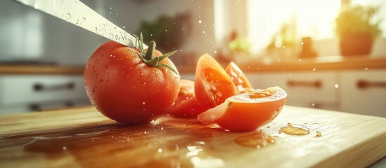 Poster - Freshly Cut Juicy Tomatoes on Wooden Cutting Board with Glowing Kitchen Background and Water Drops