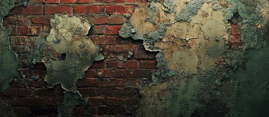 Poster - Vintage brick wall with peeling plaster showcasing rustic textures and colors ideal for historical or architectural backgrounds.