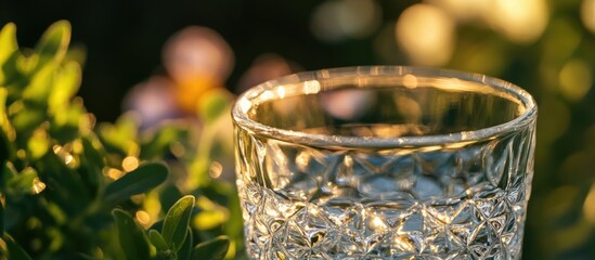Poster - Dew Drop Freshness on Glass with Greenery and Soft Background Blur
