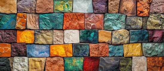 Poster - Colorful stone ceramic brick wall texture background with vibrant hues and intricate patterns for interior or exterior design inspiration
