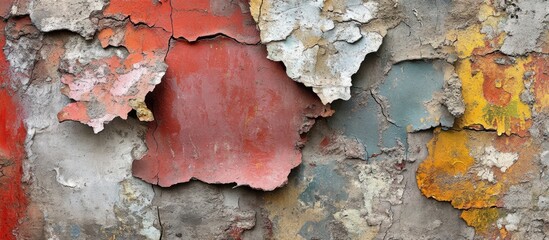 Poster - Close up of cracked and weathered concrete wall surfaces showcasing layers of peeling paint in various colors and textures