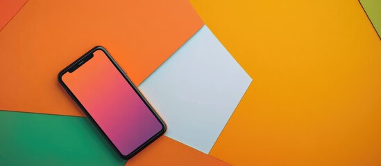 Poster - Colored smartphone with dual screens on vibrant orange background featuring blank white space for customizable text or graphics.