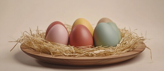 Aufkleber - Easter eggs in a rustic plate with straw on a beige pastel background creating a festive and cheerful greeting card design.