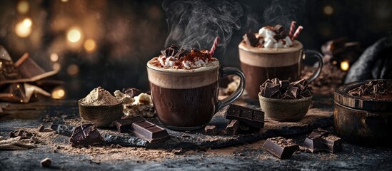 Poster - Cozy cups of hot chocolate topped with cream and spices presented with chocolate pieces on a dark textured background
