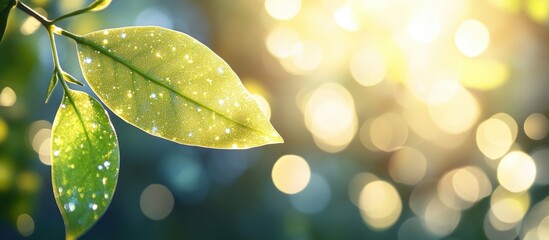 Poster - Close-up of green leaves illuminated by sunlight in a park with a soft bokeh background showcasing nature's beauty and tranquility.