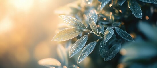 Poster - Morning sunlight illuminating fresh green leaves adorned with sparkling dew droplets, creating a tranquil and refreshing natural scene.