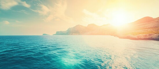 Poster - Serene coastal landscape with vibrant sunlight creating a double exposure effect and ample space for text placement and creative design