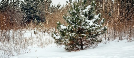 Poster - Snowy Winter Landscape Featuring Coniferous Pine and Evergreen Shrubs with Ample Blank Space for Text or Promotional Content