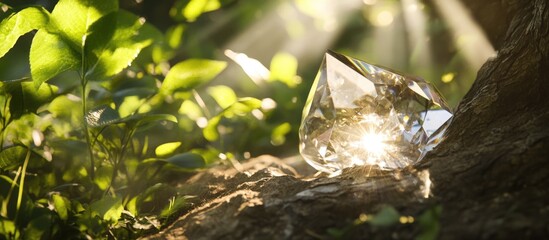 Fototapete - Sunlit Crystal Reflection Amidst Lush Greenery Stunning Nature Capture of Light and Shadows