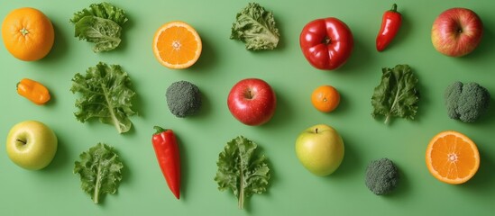Leinwandbilder - Colorful assortment of fresh fruits and vegetables arranged on a vibrant green background showcasing healthy eating and nutrition.