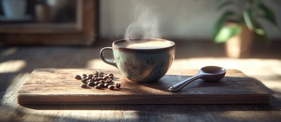 Poster - Steaming cup of espresso coffee on wooden board with coffee beans and spoon in cozy setting