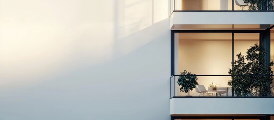 Poster - Modern Office Space Interior with Minimalist Design and Natural Light Featuring Plants and Blank Wall for Custom Text or Graphics