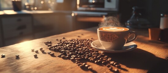 Poster - Freshly brewed coffee surrounded by coffee beans in a cozy kitchen setting with warm sunlight illuminating the scene.