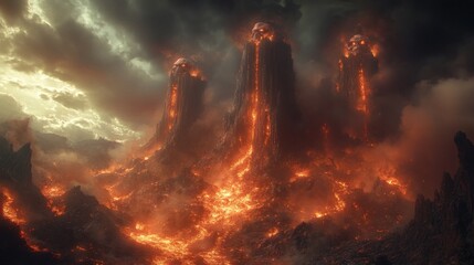 Poster - towering demonic figure with two heads in a hellish realm of lava and jagged peaks the landscape is 