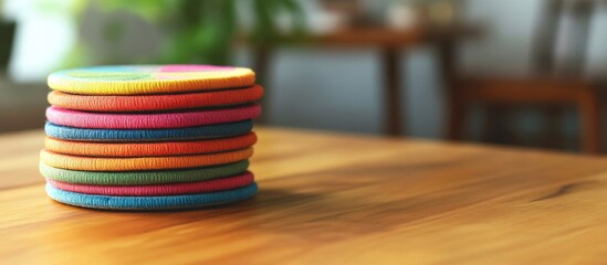 Aufkleber - Colorful Coasters Stacked on Wooden Table in Cozy Indoor Setting