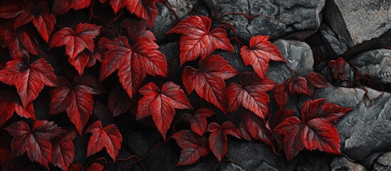 Poster - Vibrant red autumn ivy leaves clinging to a textured stone wall creating a stunning natural contrast and captivating visual appeal.