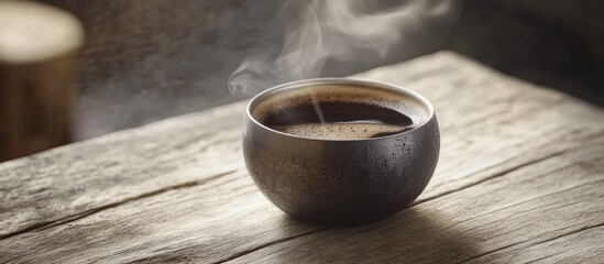 Aufkleber - Hot black coffee in an aluminum cup on a rustic wooden table with steam rising, evoking warmth and comfort in a cozy setting.