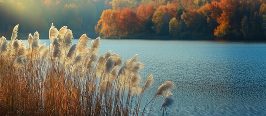 Poster - Autumn landscape with common reed by tranquil lake showcasing vibrant fall colors in Ukraine's natural scenery.