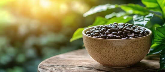 Poster - Bowl of freshly roasted coffee beans on wooden table with natural green background and warm sunlight illuminating the scene