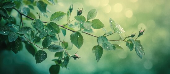 Poster - Dew drops shimmering on wild rose leaves in soft focus against a verdant background after rain creating a serene natural ambiance