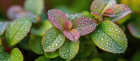 Poster - Dew covered green leaves glistening in the morning light showcasing nature's beauty and freshness.