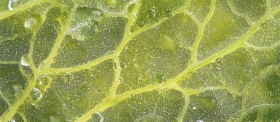 Poster - Close-up of dew drops resting on a vibrant green leaf showcasing intricate natural patterns and textures in the morning light.
