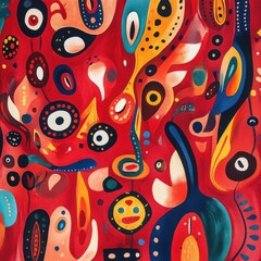Wall Mural - colorful abstract painting featuring various shapes on a playful red background with whimsical desig
