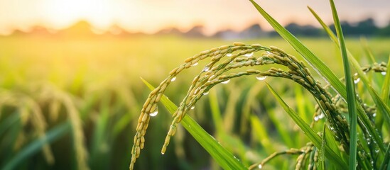 Wall Mural - dew drops glistening on vibrant rice leaves in a sunlit field during sunrise showcasing nature's bea