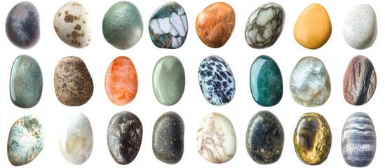 Fototapete - Collection of colorful ocean stones in various shapes and patterns isolated on a white background for natural texture and design concepts