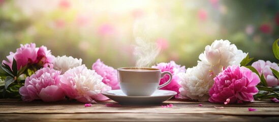 Poster - coffee cup surrounded by blooming peonies on a rustic wooden table with a soft focus background of p