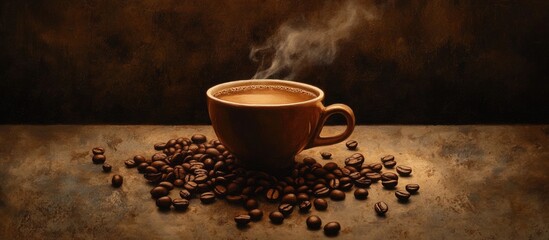 Poster - Aromatic cup of coffee with steaming hot beverage surrounded by fresh coffee beans on a textured dark cement background