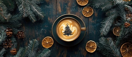 Poster - Cozy Christmas Coffee with Tree Pattern Dried Oranges and Fir Branches on Dark Rustic Background from Above